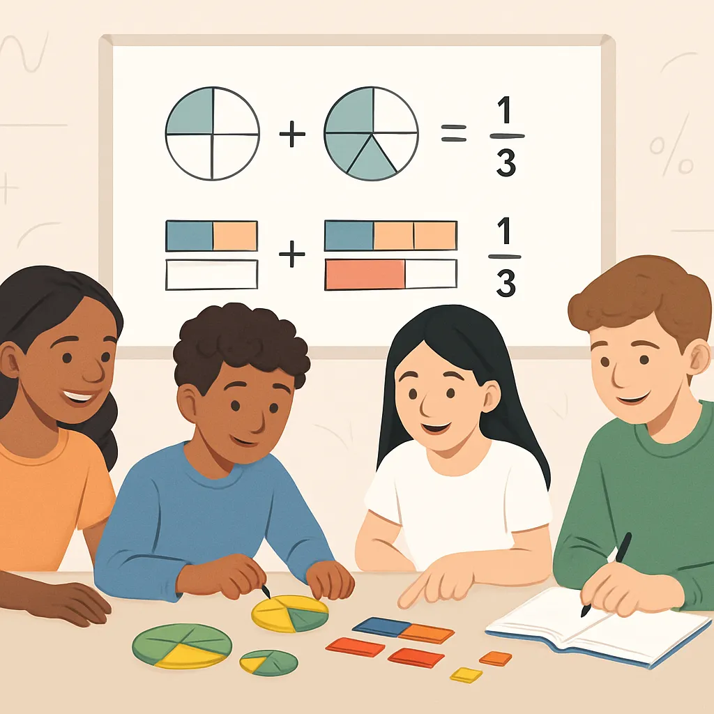 Adding Fractions Calculator showing LCM steps to find a common denominator, add numerators, and simplify with guided steps.