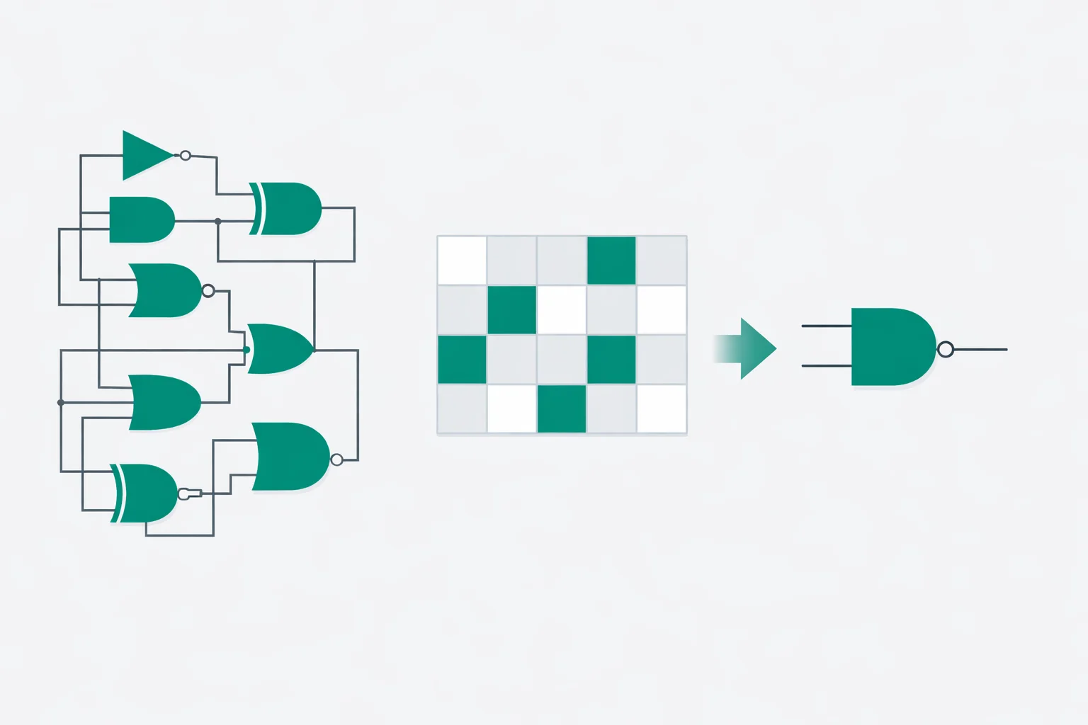 Boolean algebra simplifier reducing a logic expression to its minimal SOP form with a Karnaugh map and gate-count chart.