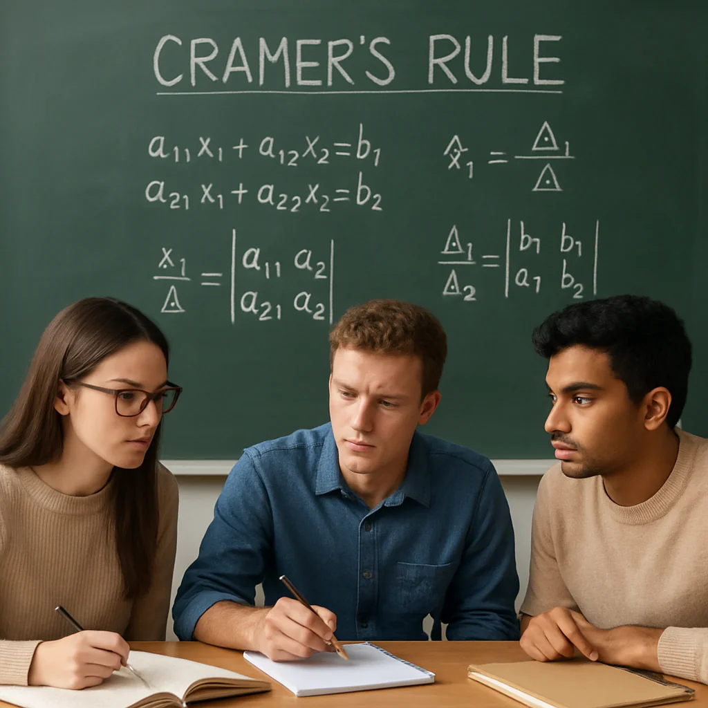 Cramer's Rule Calculator showing coefficient matrix A, determinant steps, and solutions xᵢ = det(Aᵢ)/det(A) labeled clearly.