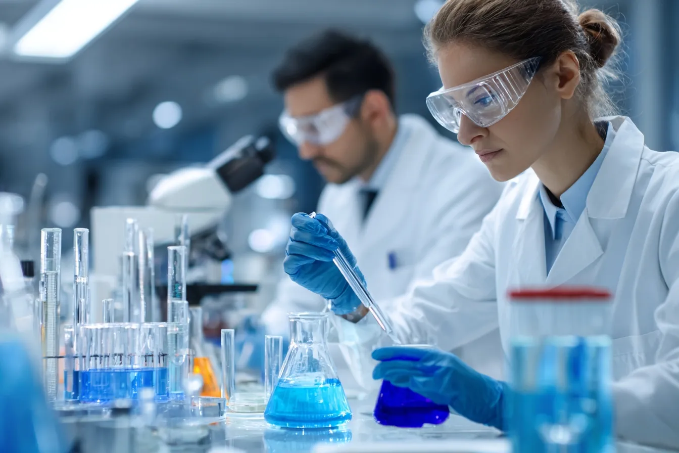 Dilution Calculator interface using M₁V₁ = M₂V₂ to plan volumes with unit options, safety notes, and clear step‑by‑step dilution results.