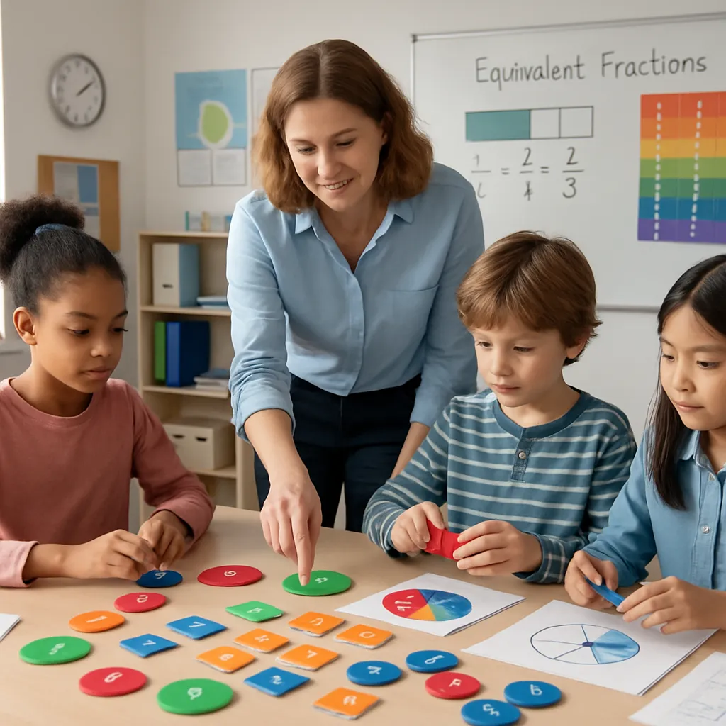 Equivalent Fractions Calculator interface generating equal fractions, simplifying to lowest terms, with checks and step-by-step results.
