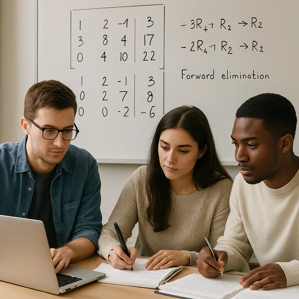 Gaussian Elimination Calculator reducing to REF via row operations with pivot/row swap highlights and a labeled solution.