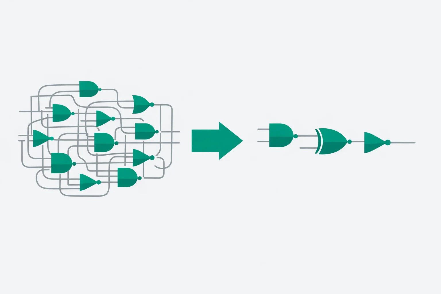 Logic gate simplifier reducing a tangled AND-OR-NOT circuit to a minimal equivalent with fewer gates and a shorter signal path.
