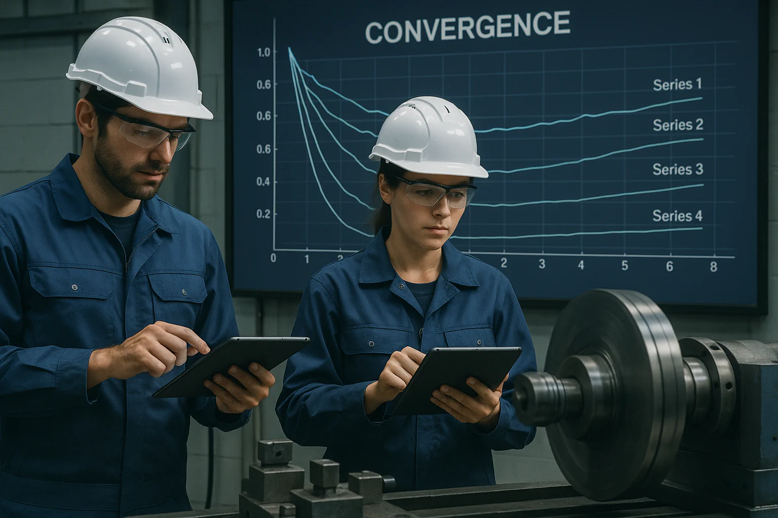 Ratio Test Calculator - Mechanical engineers monitoring stress rigs while plotting convergence ratios on bright digital analysis charts.