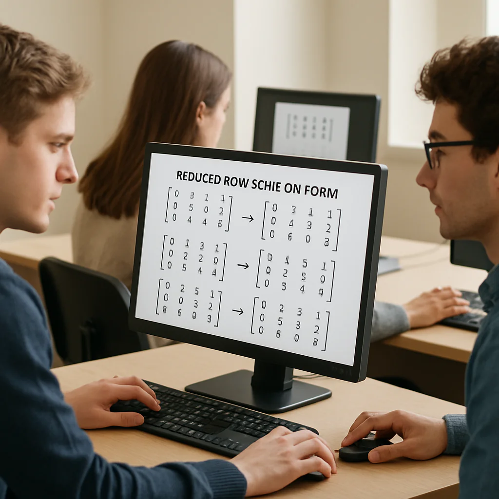 RREF Calculator interface highlighting pivots and leading ones, showing Gauss–Jordan steps and solutions in reduced row echelon form.